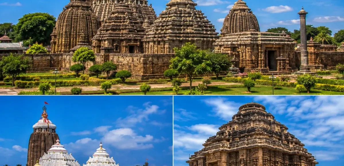 Bhubaneswar Puri Konark Tour Package featuring Lingaraj Temple, Jagannath Temple Puri, Konark Sun Temple, Dhauli Shanti Stupa and Puri Beach.