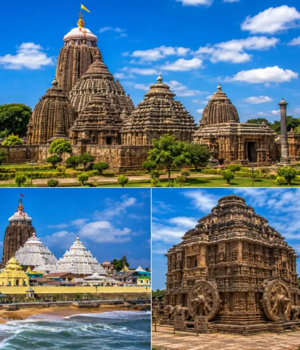 Bhubaneswar Puri Konark Tour Package featuring Lingaraj Temple, Jagannath Temple Puri, Konark Sun Temple, Dhauli Shanti Stupa and Puri Beach.