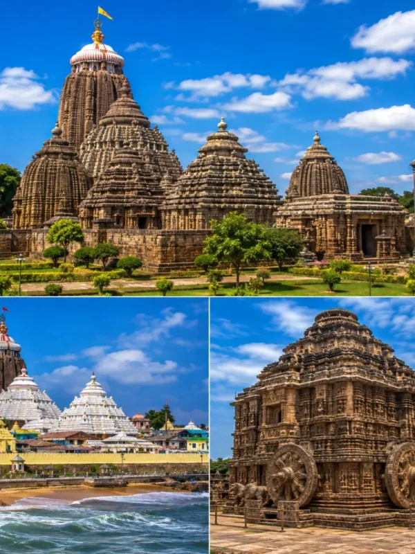 Bhubaneswar Puri Konark Tour Package featuring Lingaraj Temple, Jagannath Temple Puri, Konark Sun Temple, Dhauli Shanti Stupa and Puri Beach.