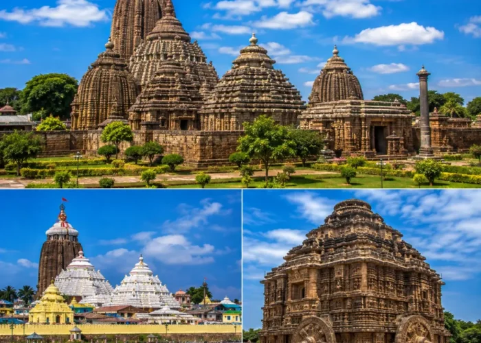 Bhubaneswar Puri Konark Tour Package featuring Lingaraj Temple, Jagannath Temple Puri, Konark Sun Temple, Dhauli Shanti Stupa and Puri Beach.