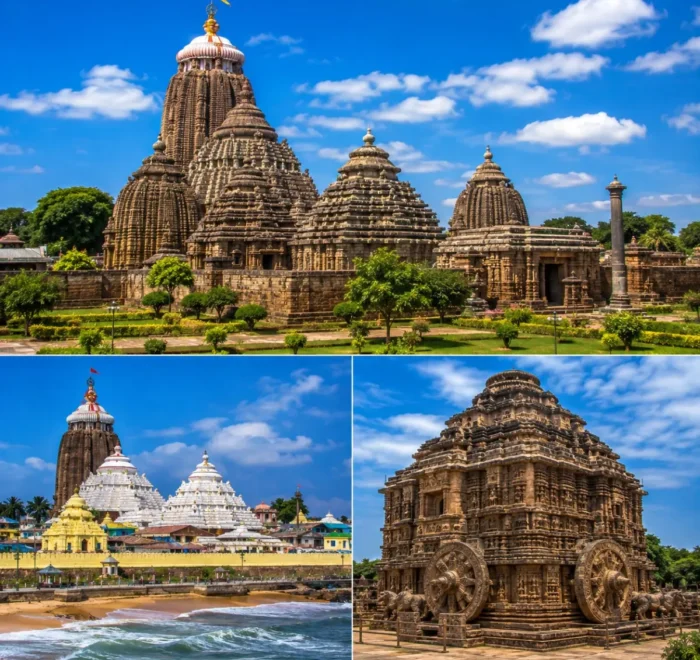 Bhubaneswar Puri Konark Tour Package featuring Lingaraj Temple, Jagannath Temple Puri, Konark Sun Temple, Dhauli Shanti Stupa and Puri Beach.