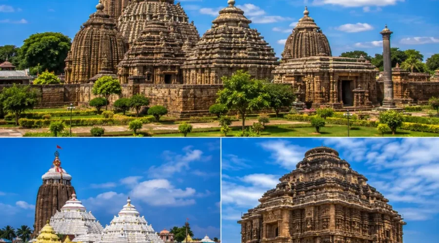 Bhubaneswar Puri Konark Tour Package featuring Lingaraj Temple, Jagannath Temple Puri, Konark Sun Temple, Dhauli Shanti Stupa and Puri Beach.