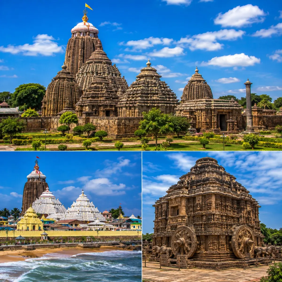 Bhubaneswar Puri Konark Tour Package featuring Lingaraj Temple, Jagannath Temple Puri, Konark Sun Temple, Dhauli Shanti Stupa and Puri Beach.