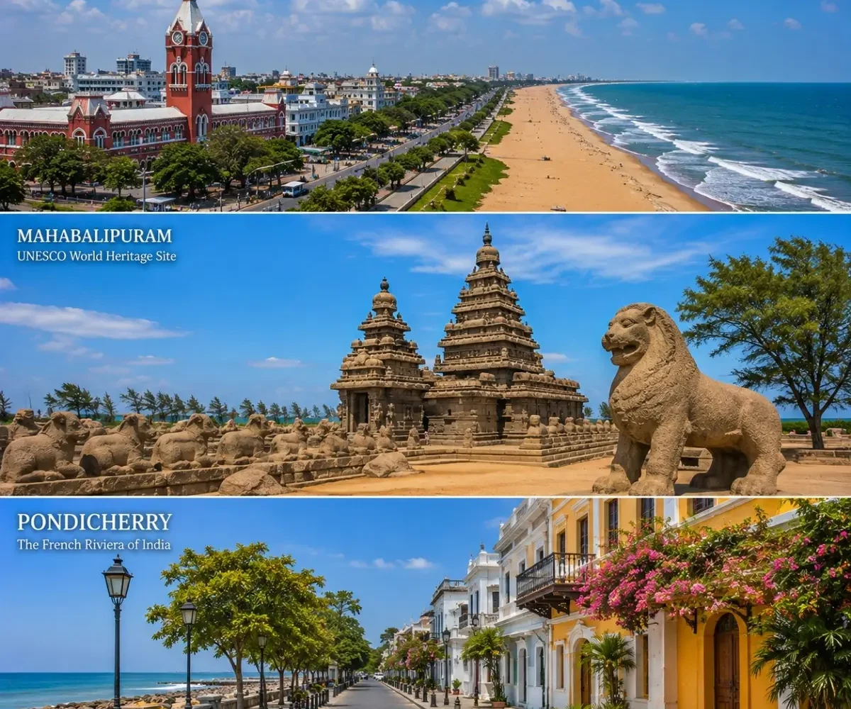 Chennai, Mahabalipuram & Pondicherry Tour Package featuring Marina Beach, Shore Temple, French Quarter and Aurobindo Ashram