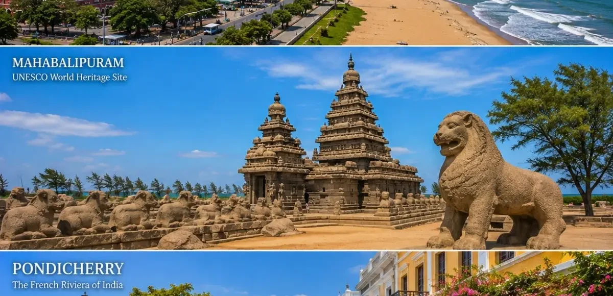 Chennai, Mahabalipuram & Pondicherry Tour Package featuring Marina Beach, Shore Temple, French Quarter and Aurobindo Ashram