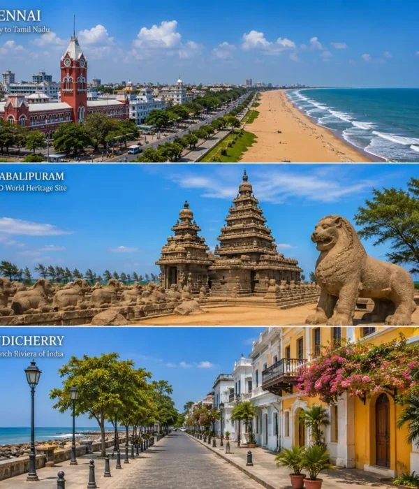 Chennai, Mahabalipuram & Pondicherry Tour Package featuring Marina Beach, Shore Temple, French Quarter and Aurobindo Ashram