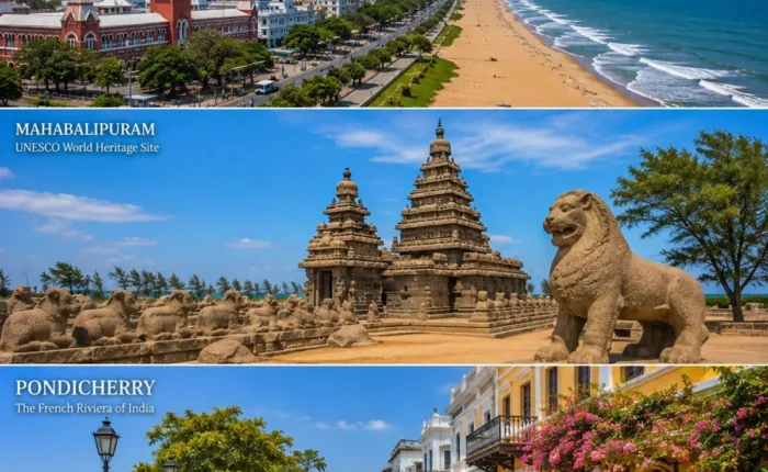 Chennai, Mahabalipuram & Pondicherry Tour Package featuring Marina Beach, Shore Temple, French Quarter and Aurobindo Ashram
