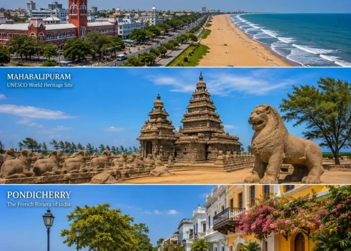 Chennai, Mahabalipuram & Pondicherry Tour Package featuring Marina Beach, Shore Temple, French Quarter and Aurobindo Ashram