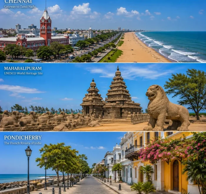 Chennai, Mahabalipuram & Pondicherry Tour Package featuring Marina Beach, Shore Temple, French Quarter and Aurobindo Ashram