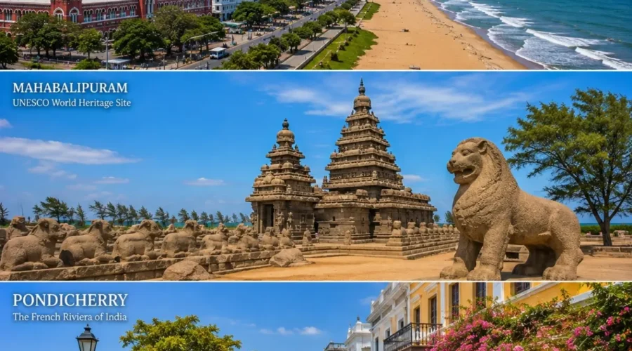 Chennai, Mahabalipuram & Pondicherry Tour Package featuring Marina Beach, Shore Temple, French Quarter and Aurobindo Ashram