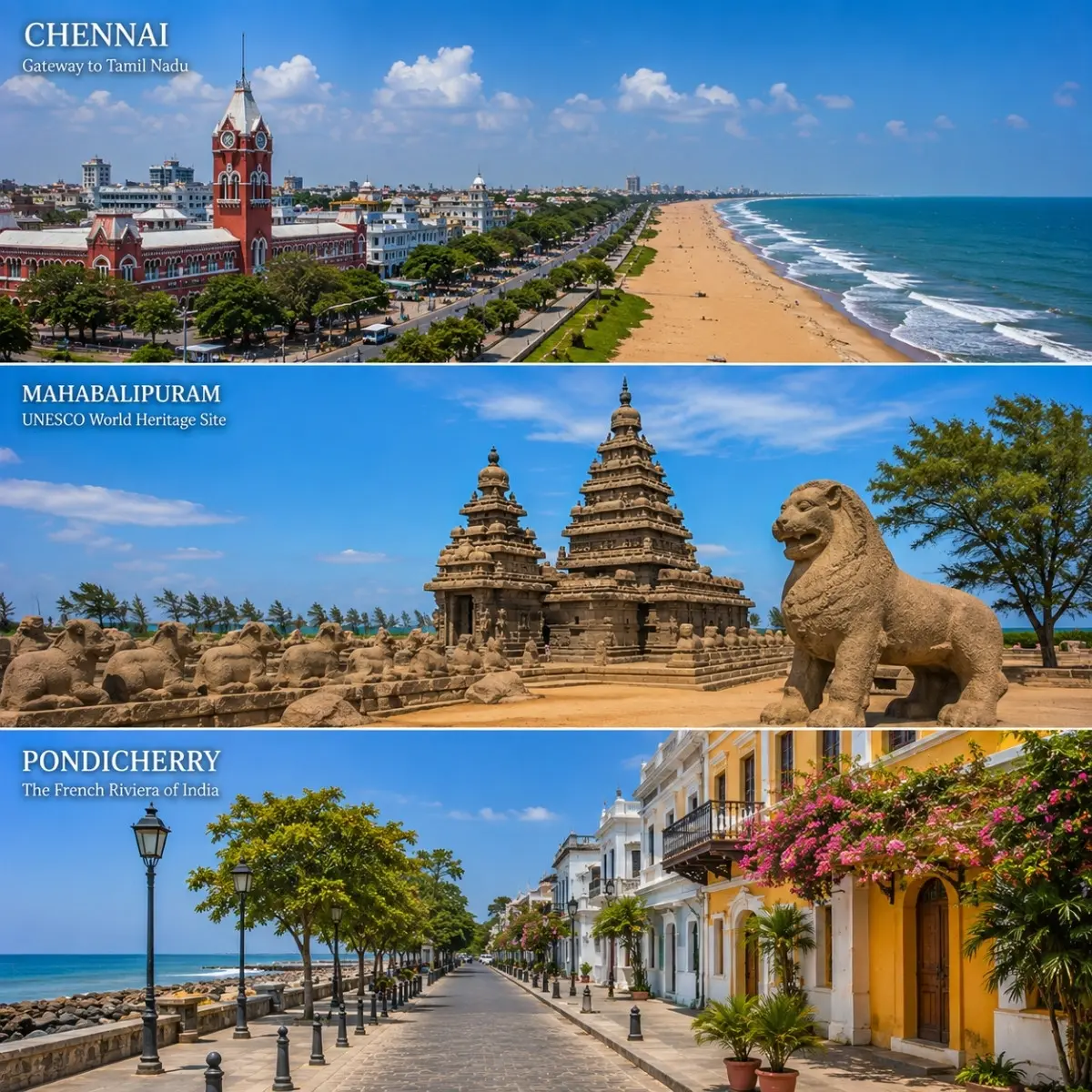 Chennai, Mahabalipuram & Pondicherry Tour Package featuring Marina Beach, Shore Temple, French Quarter and Aurobindo Ashram