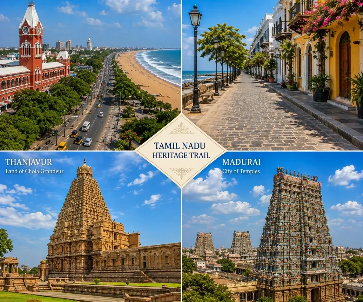 Chennai, Pondicherry, Thanjavur & Madurai Tour Package featuring Marina Beach, French Quarter, Brihadeeswarar Temple and Meenakshi Amman Temple