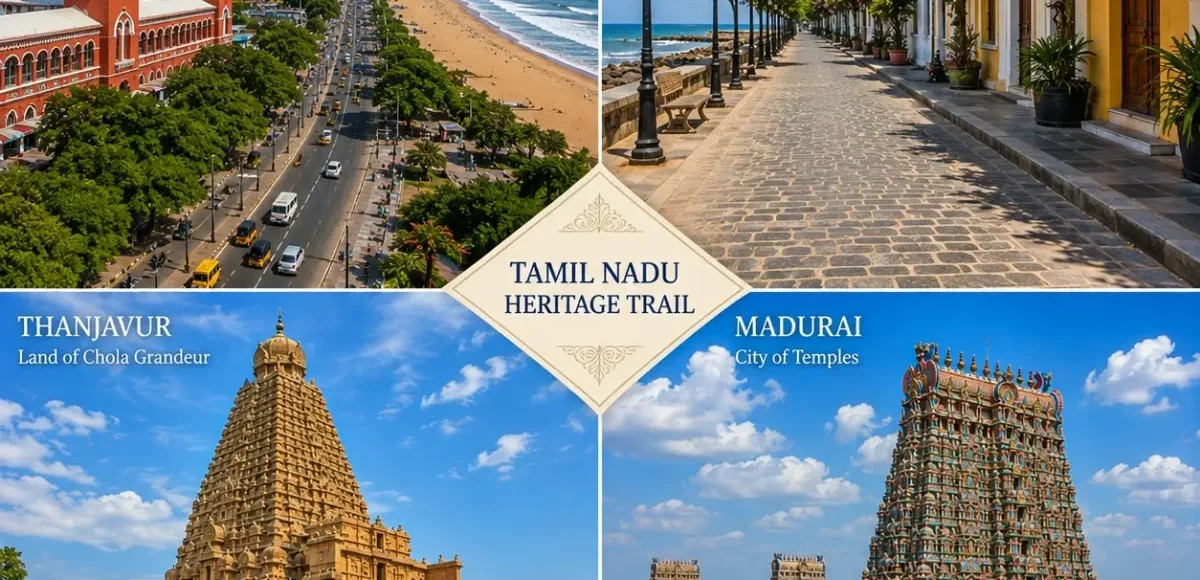 Chennai, Pondicherry, Thanjavur & Madurai Tour Package featuring Marina Beach, French Quarter, Brihadeeswarar Temple and Meenakshi Amman Temple