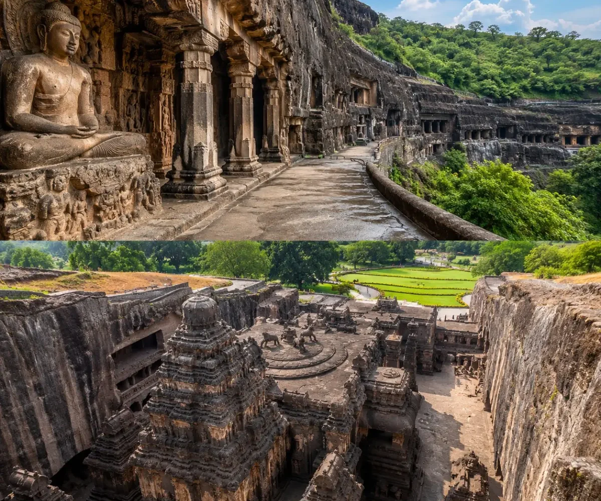 Chhatrapati Sambhajinagar Ajanta Ellora Tour Package featuring Ajanta Caves, Ellora Caves, Bibi Ka Maqbara, Daulatabad Fort and Grishneshwar Temple.
