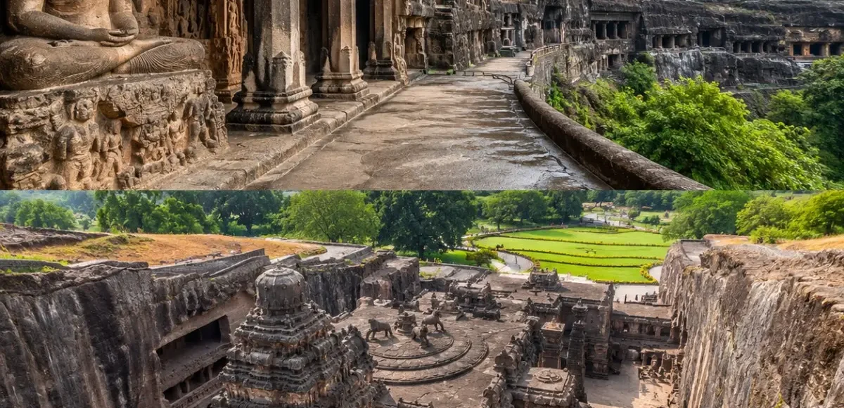 Chhatrapati Sambhajinagar Ajanta Ellora Tour Package featuring Ajanta Caves, Ellora Caves, Bibi Ka Maqbara, Daulatabad Fort and Grishneshwar Temple.