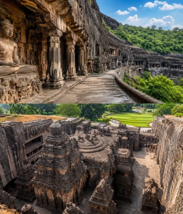 Chhatrapati Sambhajinagar Ajanta Ellora Tour Package featuring Ajanta Caves, Ellora Caves, Bibi Ka Maqbara, Daulatabad Fort and Grishneshwar Temple.