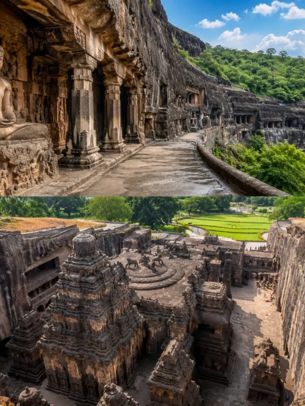 Chhatrapati Sambhajinagar Ajanta Ellora Tour Package featuring Ajanta Caves, Ellora Caves, Bibi Ka Maqbara, Daulatabad Fort and Grishneshwar Temple.
