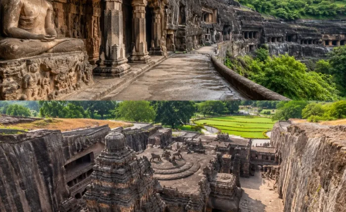 Chhatrapati Sambhajinagar Ajanta Ellora Tour Package featuring Ajanta Caves, Ellora Caves, Bibi Ka Maqbara, Daulatabad Fort and Grishneshwar Temple.