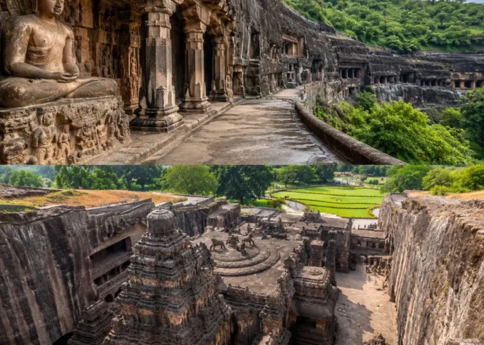 Chhatrapati Sambhajinagar Ajanta Ellora Tour Package featuring Ajanta Caves, Ellora Caves, Bibi Ka Maqbara, Daulatabad Fort and Grishneshwar Temple.