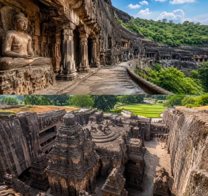 Chhatrapati Sambhajinagar Ajanta Ellora Tour Package featuring Ajanta Caves, Ellora Caves, Bibi Ka Maqbara, Daulatabad Fort and Grishneshwar Temple.