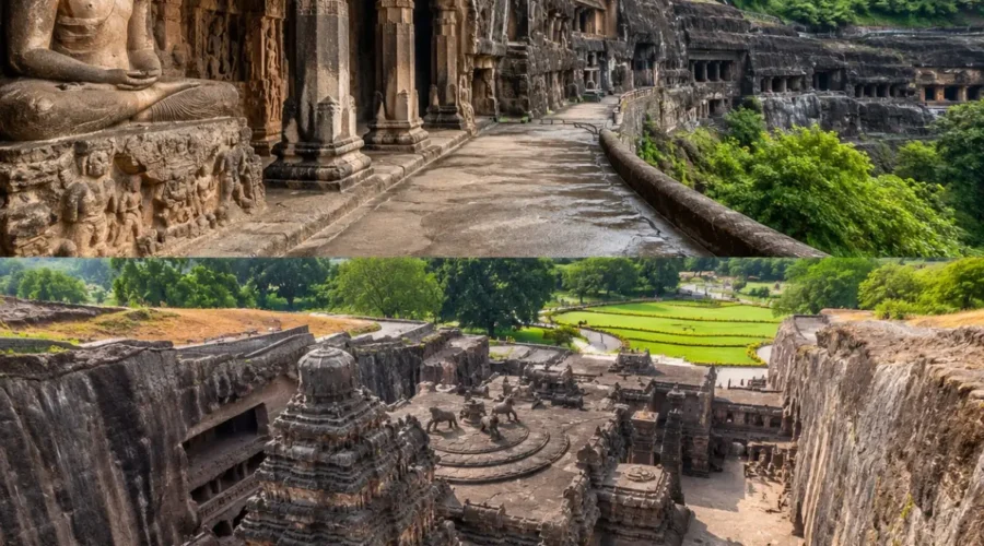 Chhatrapati Sambhajinagar Ajanta Ellora Tour Package featuring Ajanta Caves, Ellora Caves, Bibi Ka Maqbara, Daulatabad Fort and Grishneshwar Temple.