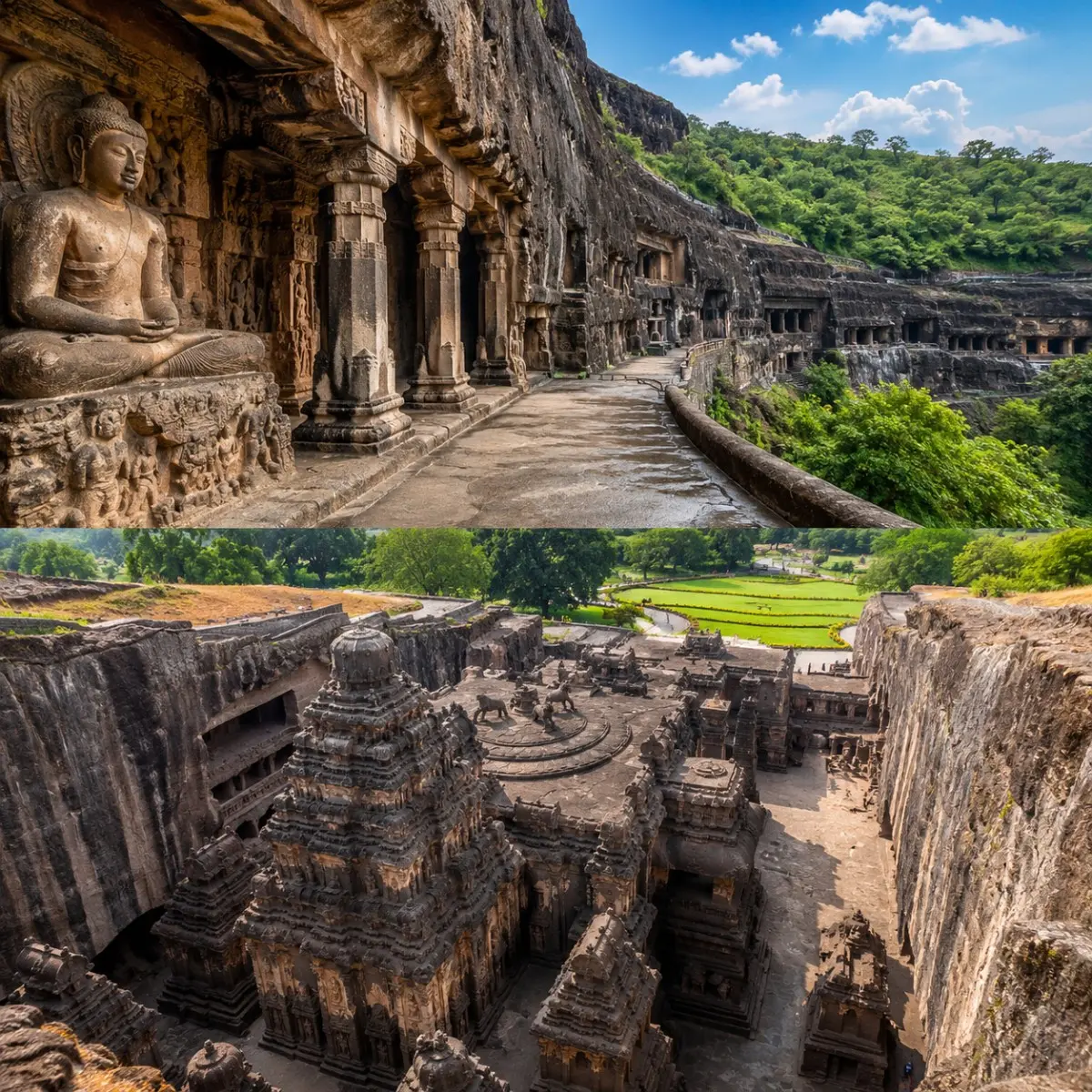 Chhatrapati Sambhajinagar Ajanta Ellora Tour Package featuring Ajanta Caves, Ellora Caves, Bibi Ka Maqbara, Daulatabad Fort and Grishneshwar Temple.