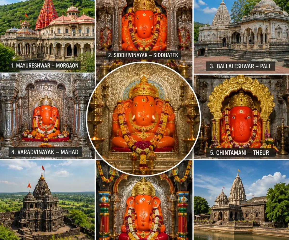 Complete Ashtavinayak Yatra Package featuring the eight sacred Ashtavinayak Ganpati temples across Maharashtra including Morgaon, Siddhatek, Pali and Ranjangaon.