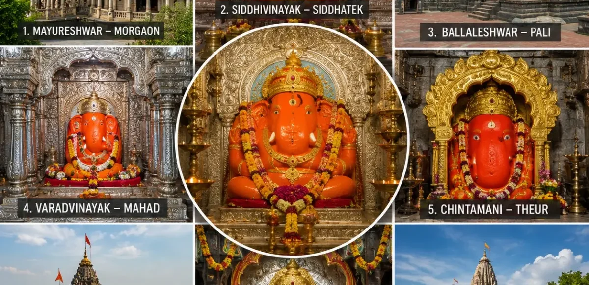 Complete Ashtavinayak Yatra Package featuring the eight sacred Ashtavinayak Ganpati temples across Maharashtra including Morgaon, Siddhatek, Pali and Ranjangaon.