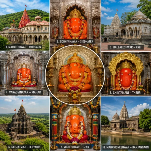 Complete Ashtavinayak Yatra Package featuring the eight sacred Ashtavinayak Ganpati temples across Maharashtra including Morgaon, Siddhatek, Pali and Ranjangaon.