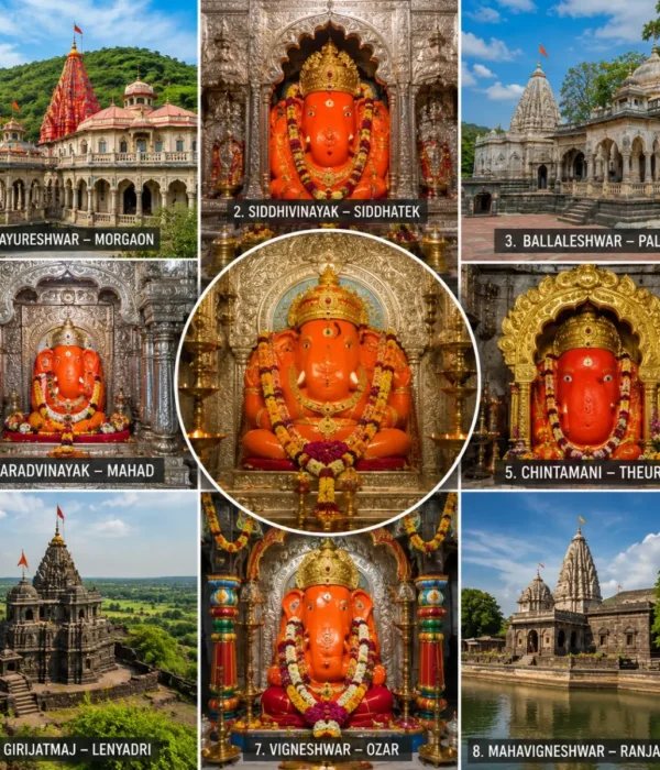 Complete Ashtavinayak Yatra Package featuring the eight sacred Ashtavinayak Ganpati temples across Maharashtra including Morgaon, Siddhatek, Pali and Ranjangaon.