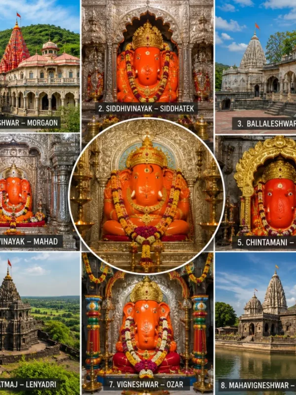 Complete Ashtavinayak Yatra Package featuring the eight sacred Ashtavinayak Ganpati temples across Maharashtra including Morgaon, Siddhatek, Pali and Ranjangaon.