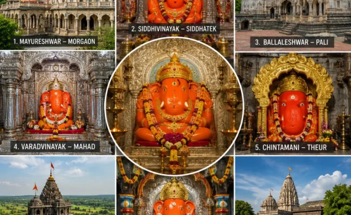 Complete Ashtavinayak Yatra Package featuring the eight sacred Ashtavinayak Ganpati temples across Maharashtra including Morgaon, Siddhatek, Pali and Ranjangaon.