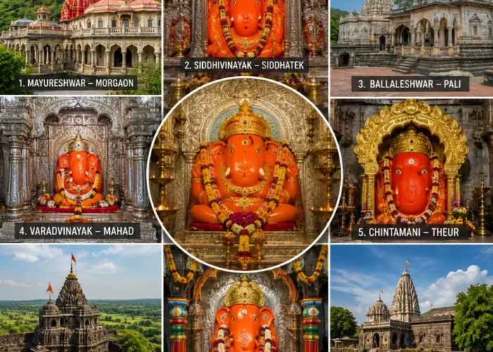 Complete Ashtavinayak Yatra Package featuring the eight sacred Ashtavinayak Ganpati temples across Maharashtra including Morgaon, Siddhatek, Pali and Ranjangaon.