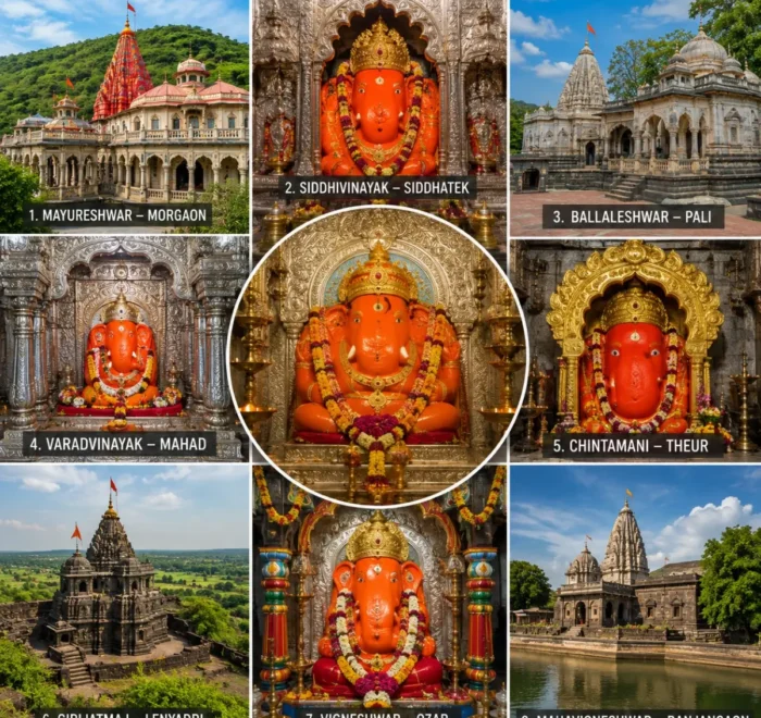 Complete Ashtavinayak Yatra Package featuring the eight sacred Ashtavinayak Ganpati temples across Maharashtra including Morgaon, Siddhatek, Pali and Ranjangaon.