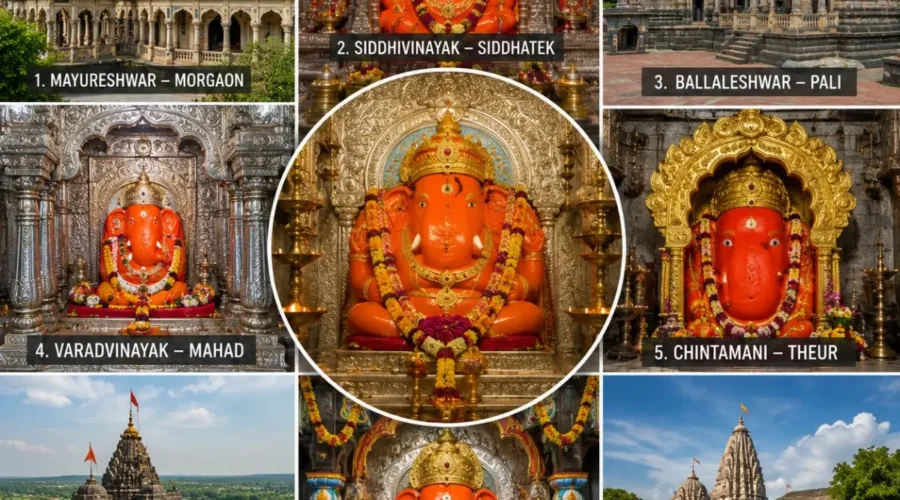 Complete Ashtavinayak Yatra Package featuring the eight sacred Ashtavinayak Ganpati temples across Maharashtra including Morgaon, Siddhatek, Pali and Ranjangaon.