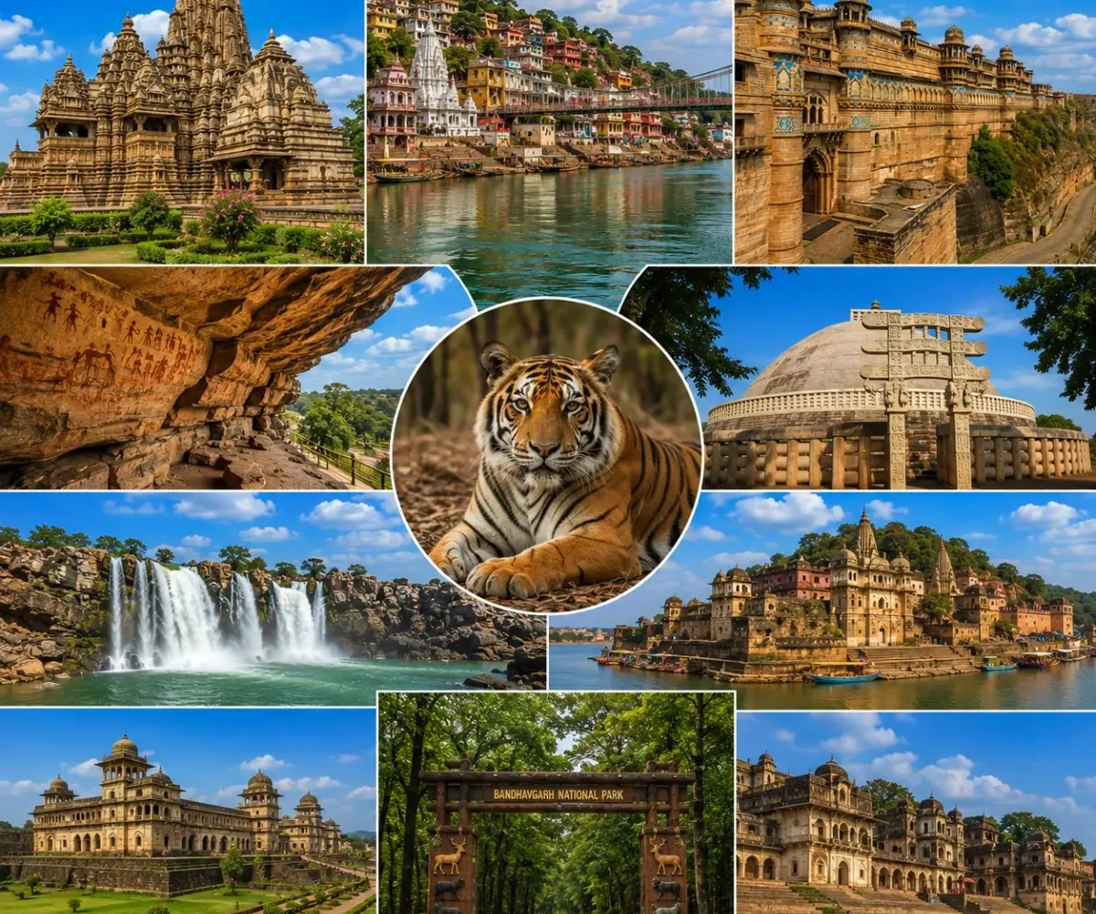 Complete Madhya Pradesh Tour Package featuring Mahakaleshwar Jyotirlinga, Khajuraho Temples, Sanchi Stupa, Kanha National Park, Bandhavgarh National Park and Pachmarhi.