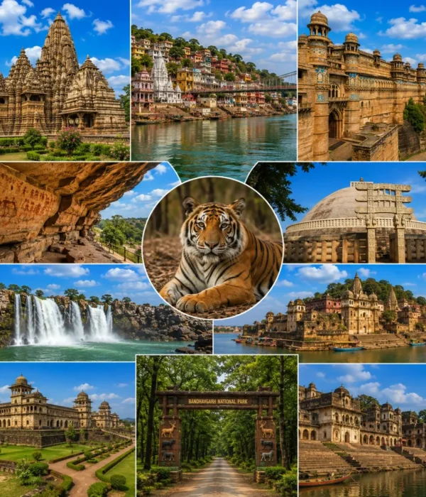 Complete Madhya Pradesh Tour Package featuring Mahakaleshwar Jyotirlinga, Khajuraho Temples, Sanchi Stupa, Kanha National Park, Bandhavgarh National Park and Pachmarhi.