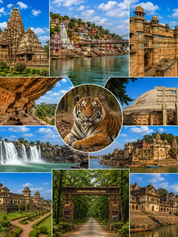 Complete Madhya Pradesh Tour Package featuring Mahakaleshwar Jyotirlinga, Khajuraho Temples, Sanchi Stupa, Kanha National Park, Bandhavgarh National Park and Pachmarhi.