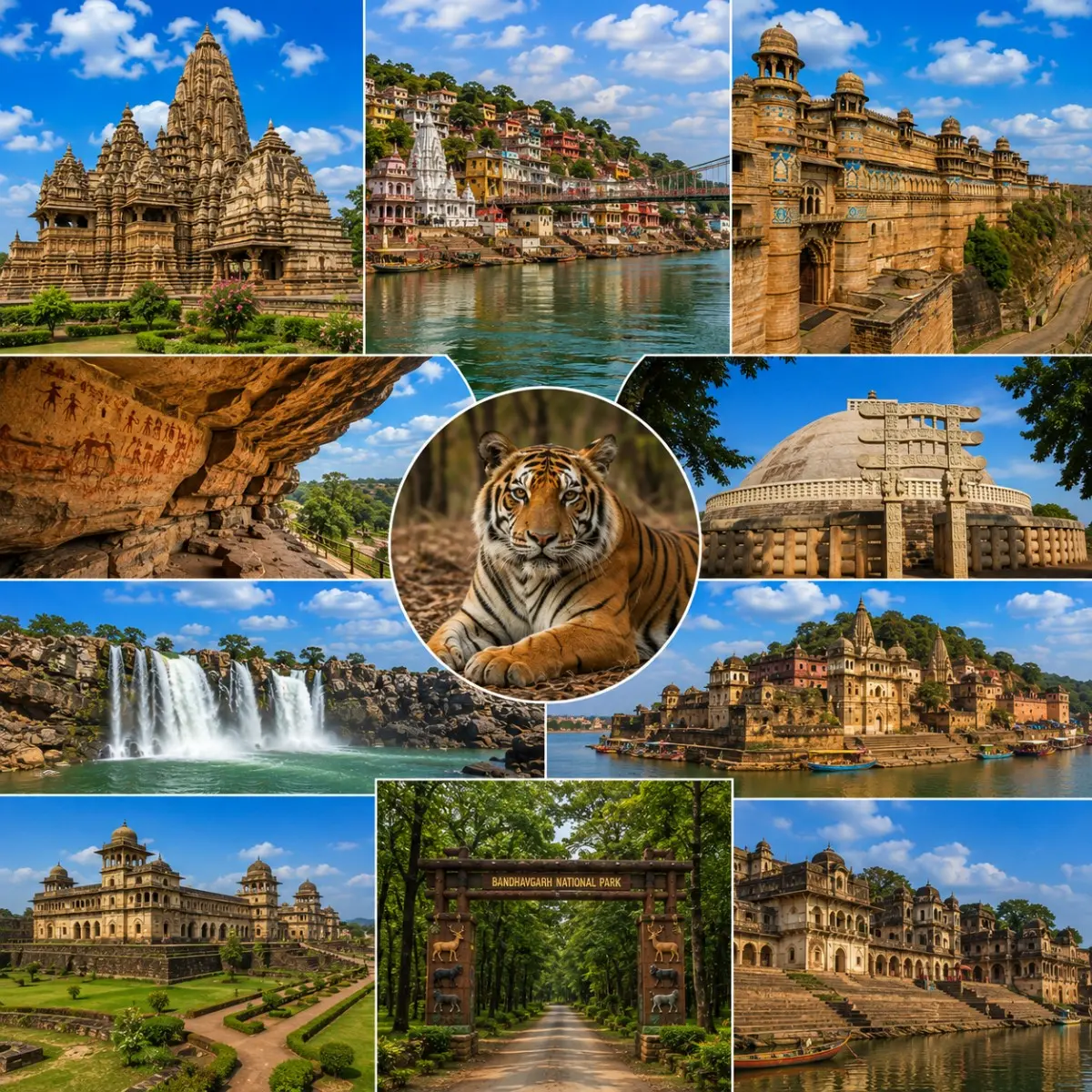 Complete Madhya Pradesh Tour Package featuring Mahakaleshwar Jyotirlinga, Khajuraho Temples, Sanchi Stupa, Kanha National Park, Bandhavgarh National Park and Pachmarhi.