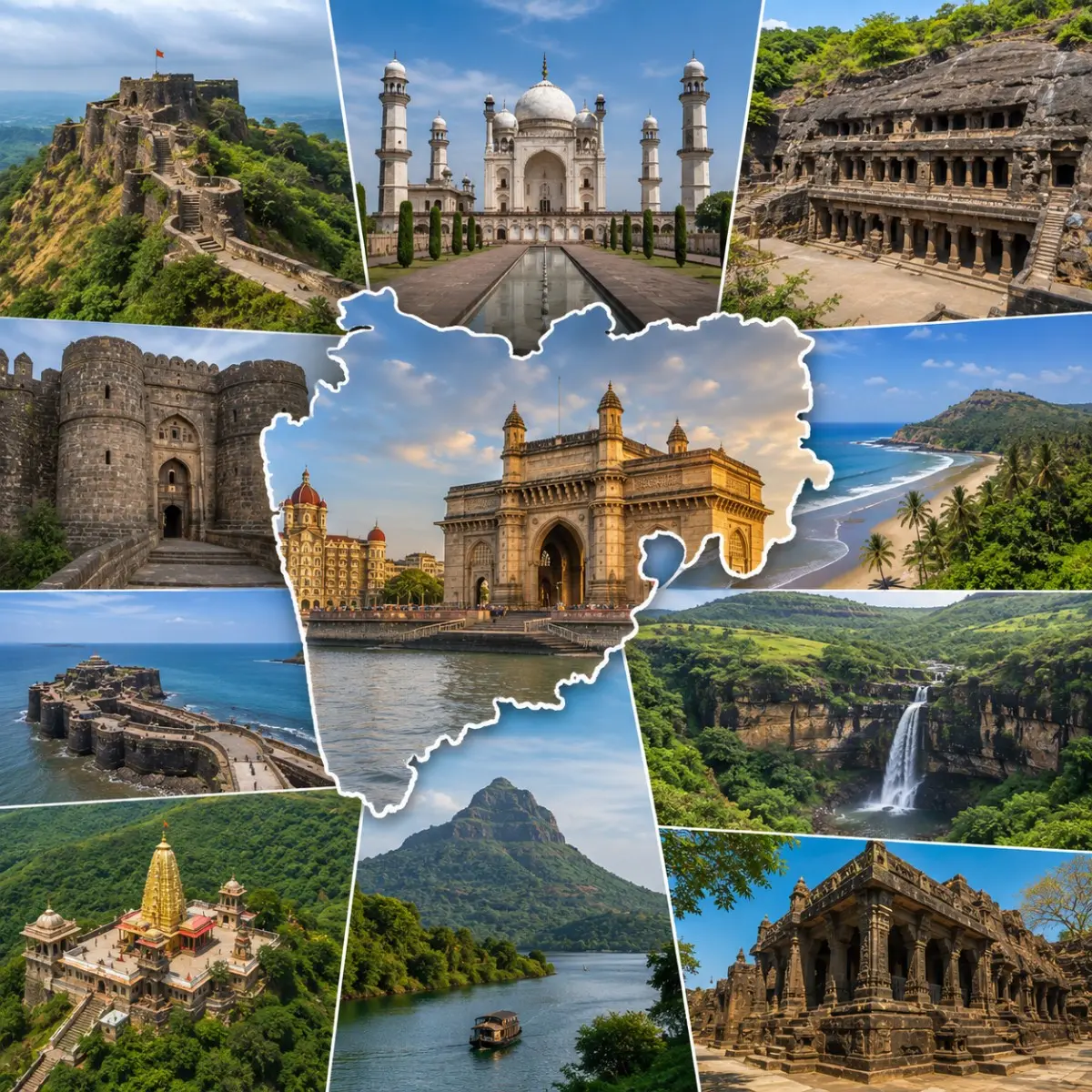 Complete Maharashtra Grand Tour Package featuring Mumbai, Mahabaleshwar, Ajanta Ellora Caves, Shirdi, Tadoba Tiger Reserve, Ganpatipule Beach and Raigad Fort.
