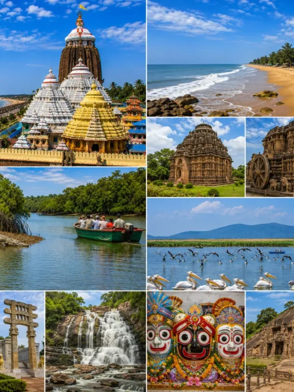 Complete Odisha Tour Package featuring Jagannath Temple Puri, Konark Sun Temple, Chilika Lake, Bhitarkanika National Park, Daringbadi and Lingaraj Temple.