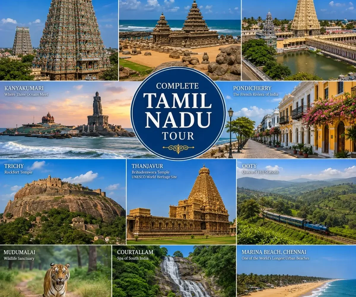 Complete Tamil Nadu Tour Package featuring Chennai, Mahabalipuram, Pondicherry, Thanjavur, Madurai, Rameswaram, Kanyakumari, Ooty and Kodaikanal