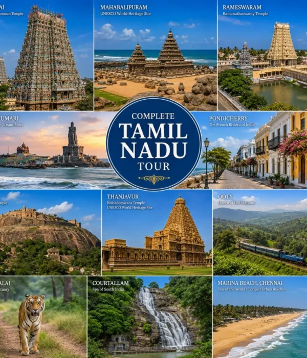Complete Tamil Nadu Tour Package featuring Chennai, Mahabalipuram, Pondicherry, Thanjavur, Madurai, Rameswaram, Kanyakumari, Ooty and Kodaikanal
