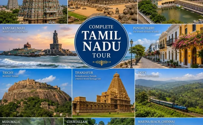 Complete Tamil Nadu Tour Package featuring Chennai, Mahabalipuram, Pondicherry, Thanjavur, Madurai, Rameswaram, Kanyakumari, Ooty and Kodaikanal
