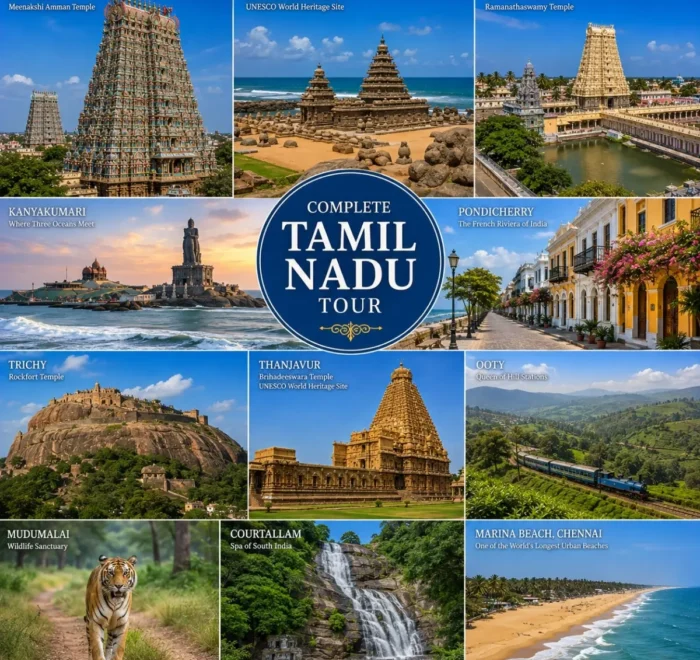 Complete Tamil Nadu Tour Package featuring Chennai, Mahabalipuram, Pondicherry, Thanjavur, Madurai, Rameswaram, Kanyakumari, Ooty and Kodaikanal