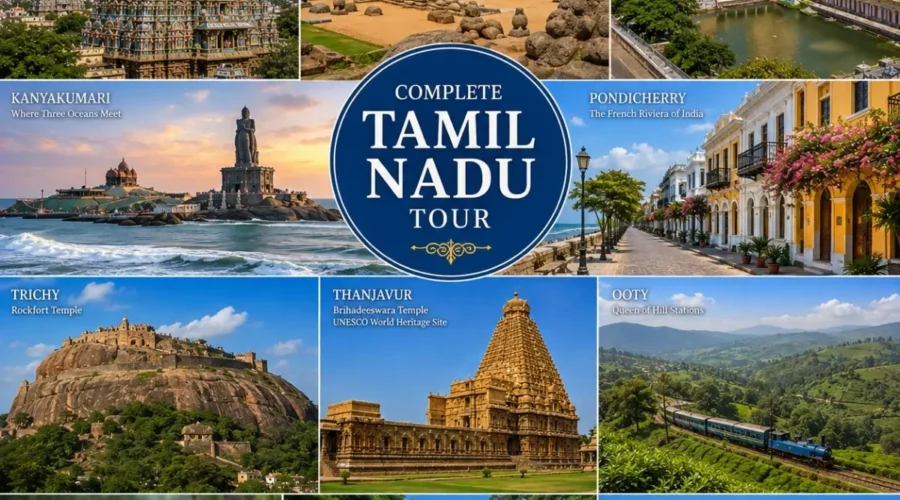 Complete Tamil Nadu Tour Package featuring Chennai, Mahabalipuram, Pondicherry, Thanjavur, Madurai, Rameswaram, Kanyakumari, Ooty and Kodaikanal