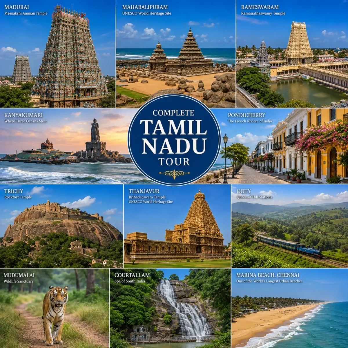 Complete Tamil Nadu Tour Package featuring Chennai, Mahabalipuram, Pondicherry, Thanjavur, Madurai, Rameswaram, Kanyakumari, Ooty and Kodaikanal