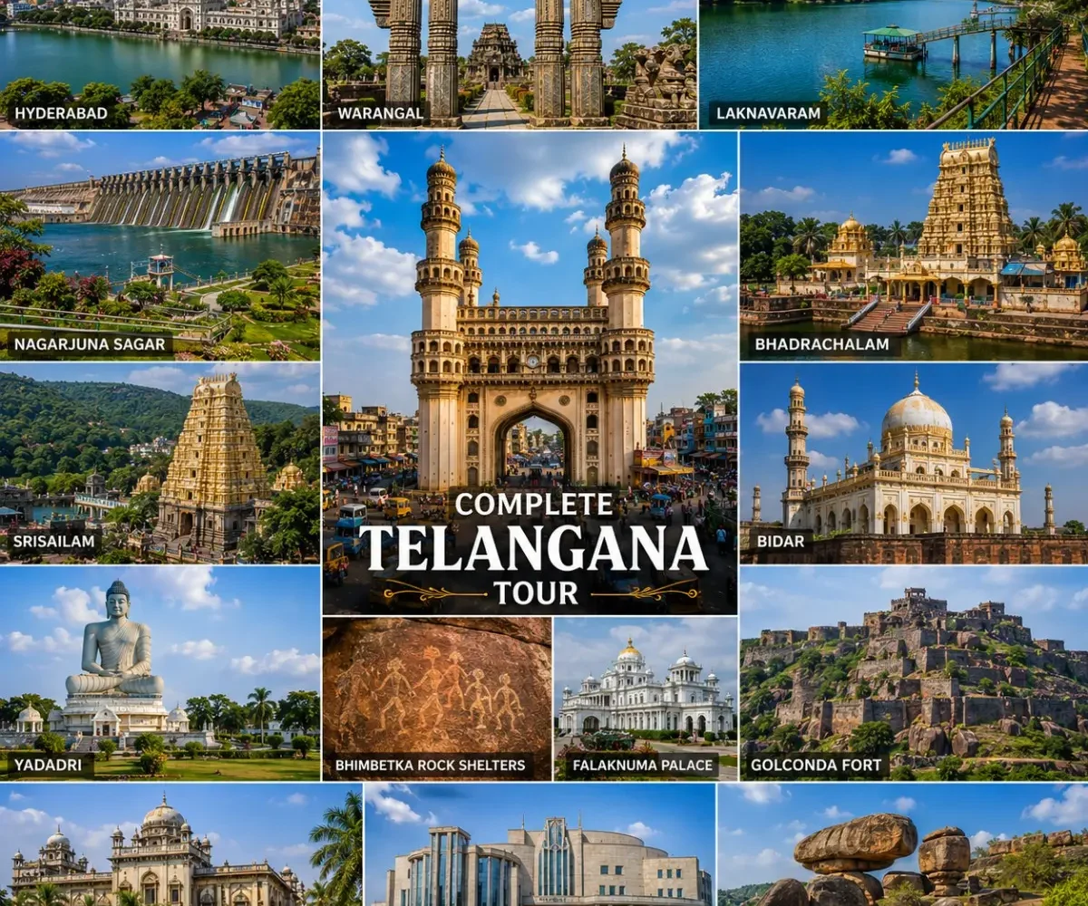 Complete Telangana Tour Package featuring Charminar, Ramappa Temple, Warangal Fort, Laknavaram Lake, Srisailam Temple and Nagarjuna Sagar Dam.