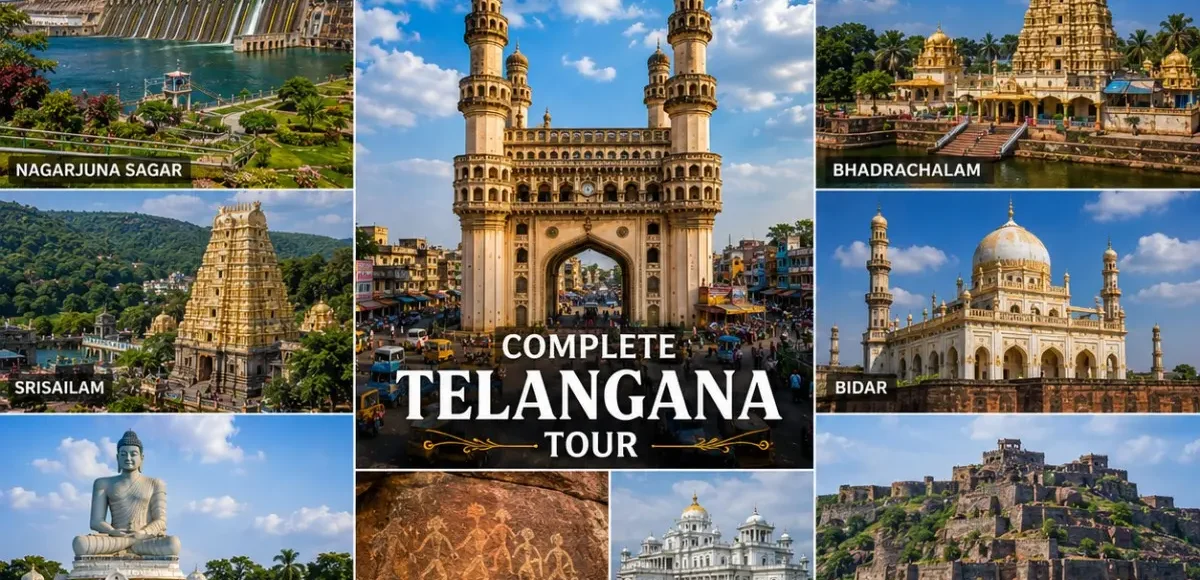 Complete Telangana Tour Package featuring Charminar, Ramappa Temple, Warangal Fort, Laknavaram Lake, Srisailam Temple and Nagarjuna Sagar Dam.