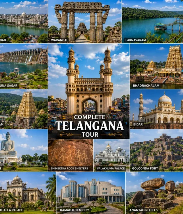 Complete Telangana Tour Package featuring Charminar, Ramappa Temple, Warangal Fort, Laknavaram Lake, Srisailam Temple and Nagarjuna Sagar Dam.